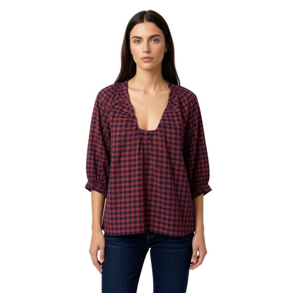 Never A Wallflower Womens Gingham Ruffle U-Neck Blouse Red Navy Blue Size M NWT